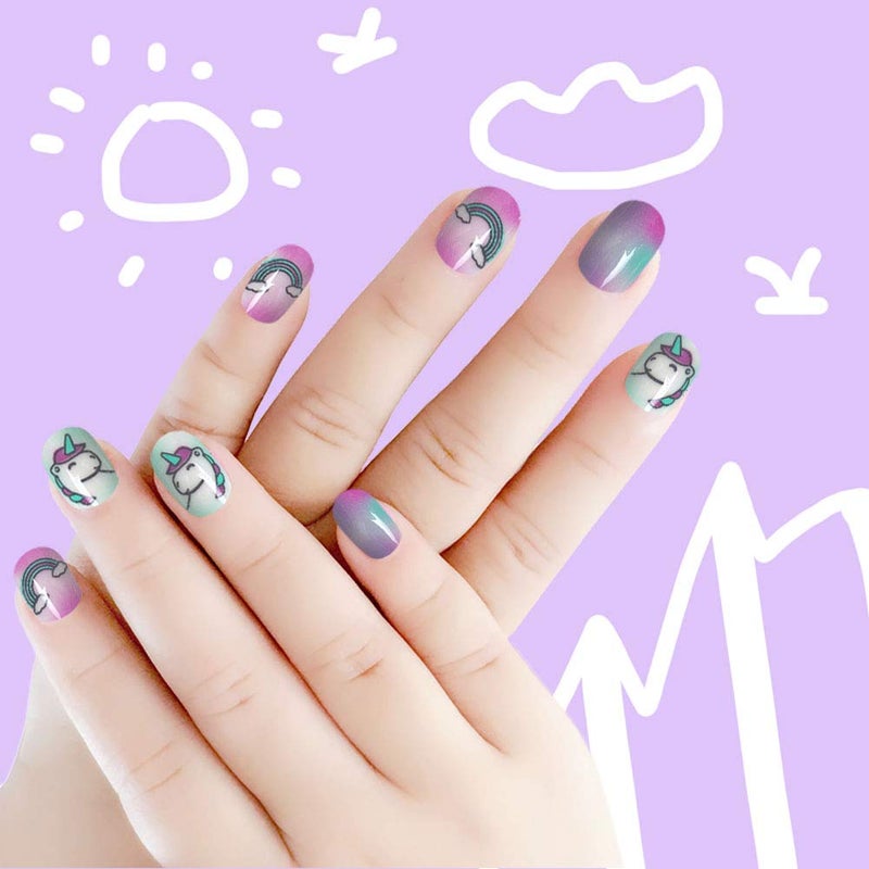 Laza 120pcs Children Nails Press On Pre-glue Full Cover Glitter Gradient Color Rainbow Sparkling Star Unicorn Shell Short False Nail Kits for Kids Teenager Girls - Legend of Unicorn - Image 4